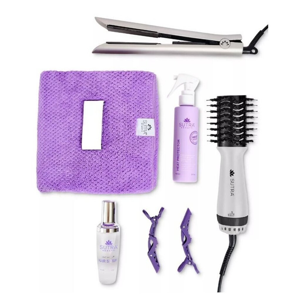 SUTRA BEAUTY 7PC: Flat Iron, Blowout Brush, Serum, Heat Protector, towel, clips~